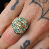 1.5ct Teal Moissanite & Emerald Target Ring