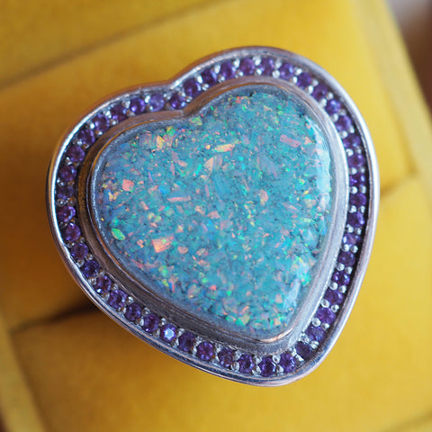 Blue Opal & Amethyst Heart Ring