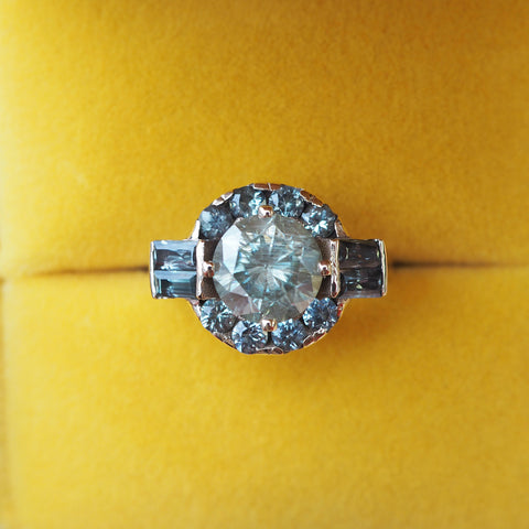 Pastel Teal Moissanite & Sapphire Ring